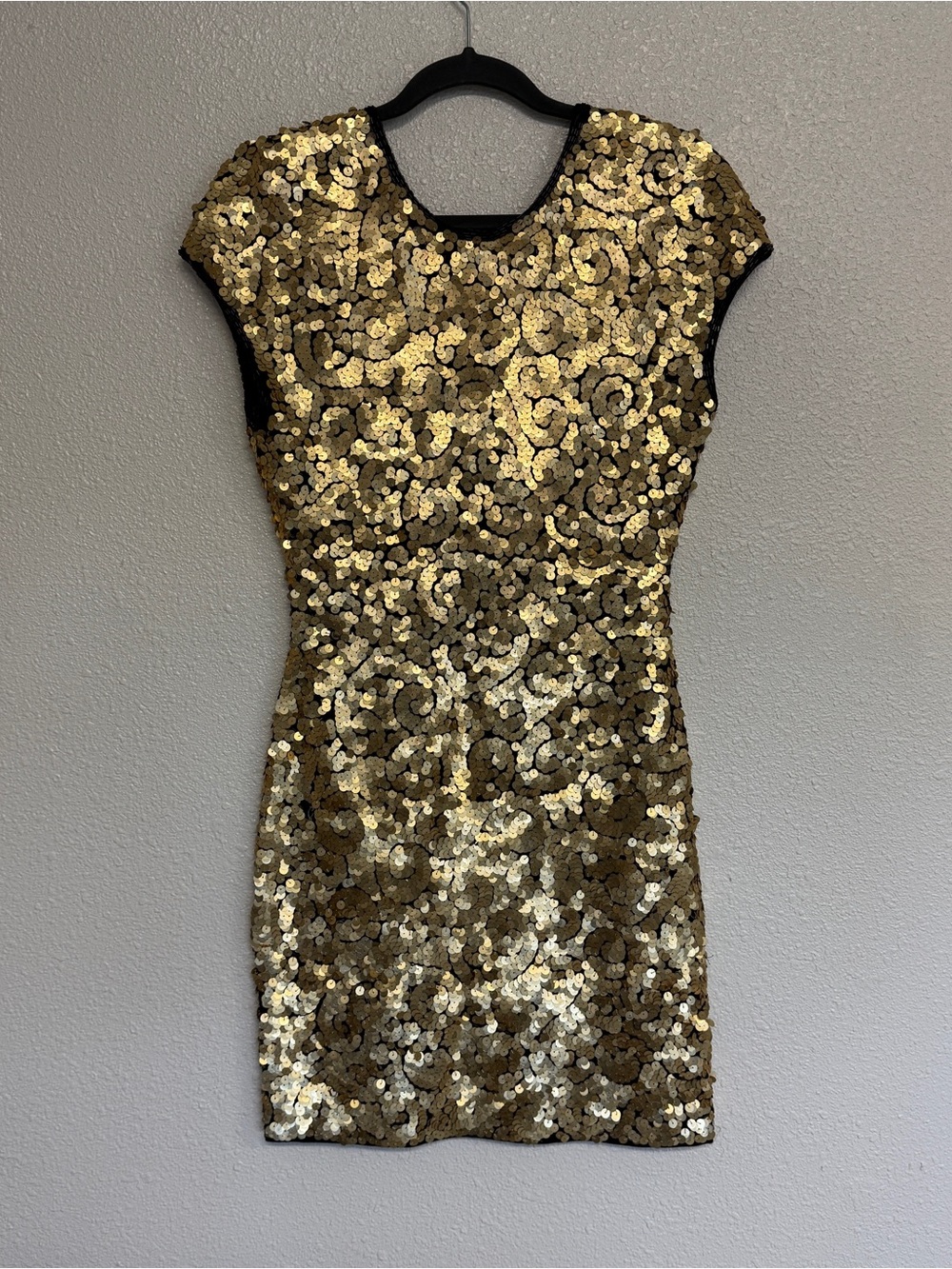 Morgan Taylor Vintage Small Gold Sequin Swirl Beaded Mini Party Dress Cap Sleeve